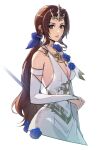  1girl aerith_gainsborough bangs bare_shoulders blue_flower blue_rose breasts brown_hair cleavage crown detached_sleeves dress final_fantasy final_fantasy_vii final_fantasy_vii_ever_crisis final_fantasy_vii_remake flower green_eyes hair_flower hair_ornament hair_ribbon highres jewelry long_hair looking_at_viewer low_ponytail lukrevadraws medium_breasts necklace official_alternate_costume parted_bangs parted_lips ribbon rose sidelocks solo staff tiara upper_body wavy_mouth white_background white_dress 