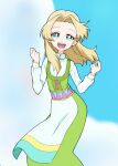  1girl :d agnete_(precure) apron bangs blonde_hair blue_sky clenched_hands cloud cloudy_sky commentary day dress green_dress green_eyes hair_intakes half-closed_eyes high_collar kayabakoro long_dress long_hair long_sleeves looking_at_viewer open_mouth outdoors precure shirt sky smile solo standing tropical-rouge!_precure white_apron white_shirt 