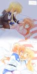  bed blonde_hair blue_eyes blush breasts closed_eyes couple fate_testarossa highres imminent_kiss kerorokjy looking_at_another lying lyrical_nanoha mahou_shoujo_lyrical_nanoha orange_hair red_eyes sleeping takamachi_nanoha translation_request tsab_air_military_uniform tsab_executive_military_uniform yuri 