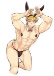  1boy abs animal_ears ass bangs bara bare_pectorals black_male_underwear blonde_hair blush covered_nipples detached_collar fake_animal_ears fake_tail granblue_fantasy green_eyes heart_pasties large_pectorals male_focus male_playboy_bunny male_underwear muscular muscular_male navel pasties pectorals rabbit_ears rabbit_tail sat_0804 short_hair simple_background solo tail thick_thighs thighs thong undercut underwear vane_(granblue_fantasy) white_background 