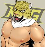  1boy abs bara close-up fang ig1119 king_(tekken) large_pectorals looking_at_viewer male_focus manly mature_male muscular muscular_male nipples open_mouth pectorals signature solo teeth tekken tiger_mask_(object) tongue topless_male tusks upper_body veins yellow_eyes 