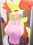  &lt;3 2022 3cir_cle absurd_res anthro apron apron_only areola big_breasts blush breasts clothing delphox female hi_res huge_breasts looking_at_viewer mostly_nude nintendo nipple_outline pok&eacute;mon pok&eacute;mon_(species) red_eyes solo video_games 