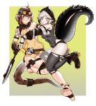  2girls absurdres ahoge arknights axe bandaid bangs barefoot belt black_footwear black_legwear black_leotard black_pants blue_eyes boots breasts brown_gloves cleavage closed_mouth covered_navel crocodilian_tail detached_sleeves eunectes_(arknights) fingerless_gloves full_body gloves goggles goggles_on_head grey_hair highres hip_flask holding holding_axe holding_weapon hood hood_up leotard looking_at_viewer multiple_girls navel panties pants pointy_ears renxzd see-through see-through_shirt shirt short_hair skindentation small_breasts tail thigh_strap toes tomimi_(arknights) torn_clothes torn_legwear torn_panties underwear weapon white_gloves yellow_eyes yellow_shirt 