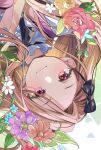 1girl blush bow brown_hair chun_xia closed_mouth commentary_request flower hair_flower hair_ornament highres idolmaster long_hair looking_at_viewer minase_iori red_eyes solo tsurime upside-down 