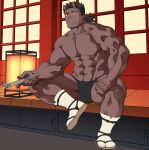  1boy abs absurdres architecture bara black_hair dark-skinned_male dark_skin demon demon_boy east_asian_architecture fundoshi highres horns japanese_clothes lamp large_pectorals long_hair male_focus male_underwear manly mature_male muscular muscular_male naop_(anything) navel no_pants original outdoors pectorals sandals sitting slit_pupils smoking_pipe socks solo spiked_hair spread_legs thick_arms thick_eyebrows thick_thighs thighs topless_male underwear wooden_door wooden_floor yellow_eyes 