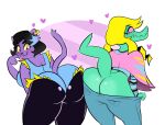  &lt;3 alligator alligatorid anthro ass_to_ass big_breasts big_butt black_clothing black_hair black_legwear black_stockings blonde_hair blue_highlights bottomwear bottomwear_down bratty_(undertale) breasts butt butt_cleavage butts_touching cassette_spicy catty_(undertale) clothed clothing crocodilian denim denim_clothing domestic_cat duo ear_piercing ear_ring eyebrows eyelashes fangs felid feline felis female fur green_body green_scales hair highlights_(coloring) jeans legwear mammal overalls pants pants_down partially_clothed piercing pink_sclera poncho purple_background purple_body purple_eyes purple_fur rear_view reptile scales scalie side_boob simple_background stockings thick_eyebrows tongue tongue_out undertale_(series) white_background yellow_sclera 