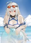  1girl absurdres ahoge arknights bare_shoulders belt blue_shorts breasts choker cleavage closed_mouth cloud cowboy_shot eyewear_on_head highres horizon large_breasts long_hair looking_at_viewer outdoors red_eyes renxzd shorts skadi_(arknights) skadi_(waverider)_(arknights) smile solo sunglasses swimsuit water wet white_hair 