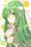  1girl armor bangs closed_mouth edamameoka fire_emblem fire_emblem:_mystery_of_the_emblem floral_background green_eyes green_hair headband highres long_hair looking_at_viewer looking_back palla_(fire_emblem) shoulder_armor smile solo swept_bangs upper_body white_headband 
