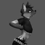  1:1 2022 absurd_res adlerokonma animal_conquest animal_humanoid anthro arabella_bunbury arm_tattoo belt black_and_grey black_and_white black_body black_fur breasts canid canine canis clothed clothing collar dark_clothing digital_drawing_(artwork) digital_media_(artwork) ear_piercing english_text female fur grey_background greyscale hair hi_res humanoid mammal mammal_humanoid maned_wolf monochrome piercing portrait shaded side_boob side_view simple_background solo spiked_collar spikes tattoo text three-quarter_portrait under_boob undressing 