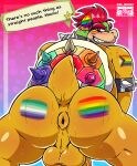  2022 absurd_res anthro anus backsack balls blush bodily_fluids bowser butt dialogue el_booki english_text genitals grin hi_res koopa lgbt_pride looking_back male mario_bros nintendo overweight overweight_male paper_mario paper_mario:_color_splash penis perineum presenting presenting_hindquarters pride_colors rainbow_flag rainbow_pride_flag rainbow_symbol rear_view scalie smile solo sweat sweaty_butt text video_games 