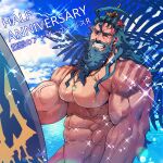  1boy abs anniversary another_eidos-r bara beach beard biceps blue_hair blush closed_eyes cloud cloudy_sky coral dakkar_(another_eidos) facial_hair highres jewelry large_pectorals long_hair male_focus manly mature_male muscular muscular_male navel necklace nipples ocean outdoors palm_tree pectorals rybiok sky smile solo spiked_hair starfish surfboard teeth thick_arms thick_eyebrows tree upper_body veins veiny_arms wet 