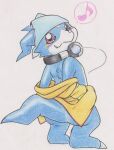  anthro bandai_namco bandanna blush claws clothing digimon digimon_(species) headphones headphones_around_neck hi_res horn kerchief looking_back male musical_note red_eyes scalie short_stack solo tabasukotrr traditional_media_(artwork) undressing veemon 