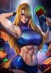  1girl abs absurdres arm_behind_head arm_up biceps blonde_hair blue_eyes crop_top hair_over_one_eye highres looking_at_viewer metroid metroid_(creature) metroid_fusion mole mole_under_mouth muscular muscular_female navel samus_aran short_shorts shorts sleeveless solo stomach wristband xuuikie_ashe 