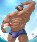  absurdres archie_(pokemon) ball bandana bara beach beachball beard brown_hair dark_skin facial_hair highres maldu_(chokeylover) male_swimwear muscular muscular_male pectorals summer swim_trunks team_aqua thick_thighs thighs 