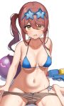  1girl absurdres alternate_hairstyle bangs bikini blue_bikini blush breasts brown_hair cleavage clothes_pull collarbone dot_nose eyewear_on_head hair_between_eyes highres idolmaster idolmaster_shiny_colors long_hair looking_at_viewer navel osaki_tenka shorts shorts_pull side-tie_bikini side_ponytail sitting skindentation solo star-shaped_eyewear stomach sunglasses sweat swept_bangs swimsuit thighs tinted_eyewear wanimaru wariza yellow_eyes 