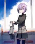  1girl a.i._voice black_legwear black_shirt chair classroom cloud collared_shirt desk dot_nose expressionless grey_shirt grey_skirt hair_ornament hairclip hitogome holding holding_clothes holding_shirt indoors looking_at_viewer miniskirt purple_eyes purple_hair school_uniform serafuku shirt shirt_removed short_hair skirt solo thighhighs voiceroid window yuzuki_yukari yuzuki_yukari_(shizuku) 