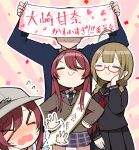  &gt;_&lt; 1boy 3girls ahoge alstroemeria_(idolmaster) bangs baseball_cap black_sailor_collar black_serafuku black_shirt black_skirt blazer blush braid braided_ponytail brown_hair closed_mouth diagonal_stripes embarrassed glasses hair_between_eyes hair_over_shoulder hand_on_own_cheek hand_on_own_face hands_on_hips hat holding holding_sign idolmaster idolmaster_shiny_colors jacket kurara_mask kuwayama_chiyuki long_braid long_hair long_sleeves multiple_girls neckerchief open_mouth osaki_amana osaki_tenka plaid plaid_skirt pleated_skirt producer_(idolmaster) red_hair red_neckerchief sailor_collar school_uniform serafuku shirt siblings sign single_braid sisters skirt smile striped sweat swept_bangs translation_request twins 