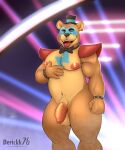  absurd_res animatronic anthro balls bow_tie deancrazz five_nights_at_freddy&#039;s five_nights_at_freddy&#039;s:_security_breach flaccid genitals glamrock_freddy_(fnaf) hi_res machine male mammal penis robot scottgames solo thick_thighs tongue tongue_out ursid video_games 