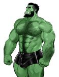  1boy abs arm_hair bara beard biceps black_hair broad_shoulders bulge chest_hair clenched_hands colored_skin dopey_(dopq) facial_hair green_skin hairy highres large_pectorals looking_to_the_side male_focus male_underwear manly mature_male muscular muscular_male nipples no_pants open_mouth orc original pectorals short_hair solo teeth thick_arms thick_eyebrows thick_thighs thighs topless_male tusks underwear 
