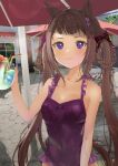 absurdres alternate_costume animal_ears blush breasts brown_hair closed_eyes collarbone drink drinking_straw glass hair_ornament hair_ribbon hair_rings highres horei_tsuna horse_ears looking_at_viewer ribbon small_breasts sweep_tosho_(umamusume) swimsuit umamusume wet 