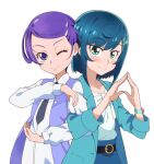  2girls ;) bangs belt black_belt black_necktie blouse blue_hair blue_skirt blush bob_cut buckle collared_shirt commentary delicious_party_precure dokidoki!_precure dress_shirt fuwa_kokone green_eyes green_jacket hair_ornament hairclip high-waist_skirt highres jacket kayabakoro kenzaki_makoto locked_arms long_sleeves looking_at_viewer multiple_girls necktie one_eye_closed pose precure purple_eyes purple_hair purple_vest series_connection shirt short_hair side-by-side simple_background skirt smile swept_bangs vest watch white_background white_shirt wing_collar wristwatch 