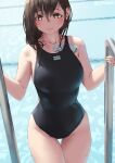  1girl aya_(jonsun) black_swimsuit breasts brown_hair closed_mouth collarbone commentary_request hair_between_eyes jonsun large_breasts looking_at_viewer medium_hair one-piece_swimsuit original pool smile solo swimsuit thigh_gap thighs twitter_username water wet wet_hair 