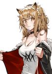  1girl absurdres animal_ears arknights bangs bare_shoulders black_jacket blonde_hair breasts candy cleavage closed_mouth collar collarbone food food_in_mouth fur-trimmed_jacket fur_trim highres jacket lion_ears lollipop long_sleeves looking_at_viewer medium_breasts mouth_hold off_shoulder renxzd shirt siege_(arknights) simple_background smile solo tank_top upper_body white_background white_shirt yellow_eyes 