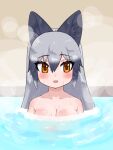  1girl animal_ears aramaru bangs bare_shoulders bathing black_hair breasts brown_eyes cleavage commentary extra_ears fox_ears gradient_hair grey_hair highres kemono_friends long_hair looking_at_viewer medium_breasts multicolored_hair nude open_mouth partially_submerged silver_fox_(kemono_friends) smile solo steam water 