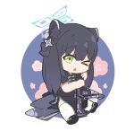  &gt;_o 1girl animal_ear_fluff animal_ears bangs black_dress black_footwear black_hair blue_archive blue_background chibi china_dress chinese_clothes commentary_request dress floral_background full_body green_eyes gun hair_between_eyes halo holding holding_gun holding_weapon long_hair nyaru_(nyaru_4126) one_eye_closed open_mouth pelvic_curtain round_image shoe_soles shoes short_sleeves shun_(blue_archive) shun_(small)_(blue_archive) sitting solo thighhighs twintails two-tone_background weapon weapon_request white_background white_legwear 