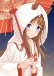  1girl alternate_costume animal_ears blue_background blue_eyes blush brown_hair grass_wonder_(umamusume) highres hood horse_ears horse_girl japanese_clothes kimono looking_at_viewer sakurakkuma simple_background smile solo uchikake umamusume umbrella 