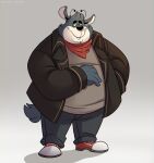  2022 anthro belly big_belly black_nose bottomwear clothing humanoid_hands john_vithor male overweight overweight_male pants shirt simple_background solo topwear unknown_species 