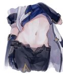  1boy albedo_(genshin_impact) androgynous black_pants chinese_commentary clothes_lift commentary_request genshin_impact highres jacket lower_body male_focus midriff navel pants partially_unbuttoned pascal shirt_lift simple_background solo stomach white_background white_jacket 
