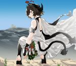  1girl absurdres arknights bangs black_gloves black_hair black_legwear fingerless_gloves flower flower_on_head full_body gloves green_eyes highres horns looking_at_viewer looking_back mountain no_shoes outdoors pallas_(arknights) pallas_(heritage)_(arknights) renxzd short_hair soles solo tail tiptoes toga 