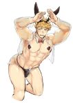  1boy abs animal_ears ass bangs bara bare_pectorals black_male_underwear blonde_hair blush covered_nipples cropped_jacket detached_collar fake_animal_ears granblue_fantasy green_eyes heart_pasties jacket large_pectorals male_focus male_playboy_bunny male_underwear muscular muscular_male navel open_clothes open_jacket pasties pectorals rabbit_ears sat_0804 see-through see-through_jacket see-through_shorts short_hair short_shorts shorts simple_background solo thick_thighs thighs thong undercut underwear vane_(granblue_fantasy) white_background 