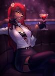  2021 anhmaru anthro beverage black_bra black_clothing black_underwear bottomwear bra breasts clothed clothing digital_media_(artwork) eyelashes female fully_clothed hair hi_res holding_beverage holding_object legwear long_hair looking_at_viewer mammal opal_(jellydoeopal) red_hair shaded shirt sitting skirt solo topwear underwear white_clothing white_shirt white_topwear yellow_eyes 