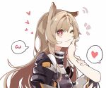  1girl 1other ;3 absurdres ambiguous_gender animal_ears arknights arm_grab black_jacket brown_hair ceobe_(arknights) cheek_press cropped_arms dog_ears haobuguniao heart highres jacket long_hair long_sleeves one_eye_closed out_of_frame red_eyes simple_background solo_focus spoken_heart upper_body white_background 