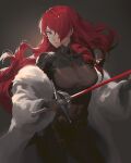  1girl belt belt_buckle black_bodysuit bodysuit breasts buckle closed_mouth covered_navel dark_background fajyobore floating_hair fur_coat hair_over_one_eye highres holding holding_sword holding_weapon kirijou_mitsuru light_particles long_hair looking_at_viewer medium_breasts off_shoulder persona persona_3 rapier red_eyes red_hair red_lips solo sword wavy_hair weapon 