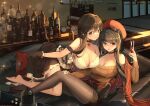  2girls alcohol aran_sweater bar bare_shoulders barefoot beret black_gloves blush breasts brown_hair choker cleavage collarbone couch dress flower_choker glass gloves grey_eyes hair_between_eyes hair_over_shoulder hat k12io large_breasts long_hair looking_away medium_dress multiple_girls off-shoulder_sweater off_shoulder original pantyhose red_eyes sake scarf shorts sitting smile strapless strapless_dress sweater yuri 