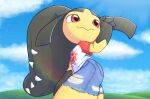  ambiguous_gender black_hair bottomwear clothing cloud fangs hair hi_res lens_flare mawaifu mawile nintendo outside pok&eacute;mon pok&eacute;mon_(species) pokeball_print red_eyes shorts solo teeth video_games 