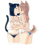  2girls animal_ears ass bangs bell black_panties blue_choker blue_panties blush breasts brown_eyes cat_ears cat_girl cat_tail choker closed_eyes commentary_request cropped_legs dog_ears dog_girl dog_tail eyebrows_behind_hair grey_background highres jingle_bell kokudou_juunigou licking licking_another&#039;s_cheek licking_another&#039;s_face long_hair multiple_girls neck_bell no_pants original panties parted_lips puffy_short_sleeves puffy_sleeves shirt short_hair short_sleeves simple_background small_breasts tail tail_raised thick_eyebrows tongue tongue_out translation_request underwear white_shirt yuri 