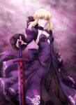  1girl absurdres artoria_pendragon_(fate) bangs black_bow black_dress blonde_hair bow breasts cameron_(pawoo) choker closed_mouth collarbone dress excalibur_morgan_(fate) fate/stay_night fate_(series) hair_between_eyes hair_ornament hair_ribbon highres long_dress long_sleeves looking_at_viewer open_clothes open_dress ribbon saber_alter short_hair sidelocks small_breasts smile solo standing weapon yellow_eyes 