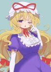  1girl bangs blonde_hair blue_background blush bow dress e_sdss elbow_gloves frills gloves hair_between_eyes hair_bow hand_up hat hat_bow highres long_hair looking_at_viewer mob_cap one_eye_closed open_mouth puffy_short_sleeves puffy_sleeves purple_dress purple_eyes red_bow shirt short_sleeves simple_background solo standing touhou white_gloves white_headwear white_shirt yakumo_yukari 