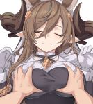  1girl animal_ears bangs bare_shoulders black_dress breast_grab breasts brown_hair closed_eyes dress extra_ears galleon_(granblue_fantasy) gloves grabbing granblue_fantasy horns large_breasts long_hair multicolored_hair pointy_ears shiseki_hirame solo_focus streaked_hair swept_bangs two-tone_dress white_dress white_gloves 