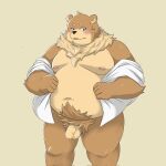  2022 anthro balls belly big_belly blush brown_body brown_fur clothed clothing flaccid fur genitals gomdepp hi_res humanoid_genitalia humanoid_hands humanoid_penis kemono male mammal moobs navel nipples open_clothing open_shirt open_topwear overweight overweight_male penis pubes shirt simple_background solo topwear ursid 