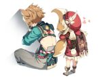  1boy 1girl animal_ear_fluff animal_ears armor back backpack bag bag_charm bob_(bab67ii) boots brown_bag brown_footwear brown_gloves brown_hair cabbie_hat charm_(object) clover_print coat covering_face crop_top dog_boy dog_ears dog_tail dress from_behind genshin_impact gloves gorou_(genshin_impact) hat hat_feather heart japanese_armor klee_(genshin_impact) light_brown_hair low_twintails medium_hair multicolored_hair pointy_ears randoseru red_coat red_dress red_headwear simple_background streaked_hair tail tail_hug twintails vision_(genshin_impact) white_background white_hair 