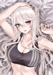  1girl animal_ears arm_up armpits bare_shoulders bed_sheet black_nails breasts cleavage dog_tags ear_piercing grey_eyes hair_between_eyes highres hiyocco hololive lion_ears lion_girl long_hair looking_at_viewer piercing shishiro_botan solo sports_bra sweat virtual_youtuber white_hair 