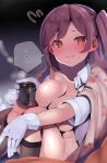  1girl ahoge atsutoku black_legwear blanket blouse blush breasts covered_nipples cup gloves hagikaze_(kancolle) highres kantai_collection kneehighs large_breasts legs_together long_hair one_side_up open_clothes open_shirt purple_hair shirt solo sweat teacup white_gloves yellow_eyes 
