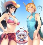  ... 3girls adapted_costume bare_arms bare_shoulders bikini black_hair blonde_hair blue_background blue_swimsuit breasts cleavage_cutout clothes_writing clothing_cutout commentary_request covered_navel cowboy_shot feathered_wings floral_print grey_hair hat head_tilt highres horns innertube kicchou_yachie kurokoma_saki large_breasts long_hair low_ponytail multiple_girls navel one-piece_swimsuit red_eyes sarong spoken_ellipsis standing stomach straw_hat swimsuit tail tarmo thighs touhou toutetsu_yuuma translation_request wings yellow_eyes 