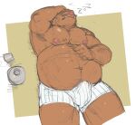  2022 anthro belly big_belly brown_body bulge clothed clothing erection erection_under_clothing hi_res humanoid_hands ikaring kemono lying male mammal moobs nipples overweight overweight_male sleeping solo suid suina sus_(pig) underwear wild_boar 