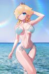  1girl absurdres aqua_bikini ass bare_shoulders bikini blonde_hair blue_eyes blue_sky blush breasts commentary cookiedusty crown curvy dress earrings english_commentary hair_over_one_eye highres jewelry large_breasts lips long_hair looking_back mario_(series) mario_tennis mini_crown no_legwear ocean partially_submerged rosalina sky smile solo star_(symbol) star_earrings submerged summer super_mario_galaxy swimsuit thighs underwear white_background 